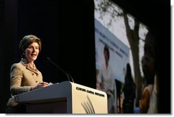 Mrs. Bush announces a $60 million public-private partnership between the U.S. Government and the Case Foundation at President Bill Clinton's Annual Global Initiative Conference in New York, NY, Wednesday, September 20, 2006. The partnership will work to provide clean water to up to 10 million people in sub-Sahara Africa by 2010, and support the provision and installation of PlayPump water systems in approximately 650 schools, health centers and HIV affected communities. PlayPump water system is powered by children's play consisting of a merry-go-round attached to a water pump with a storage tank. White House photo by Shealah Craighead