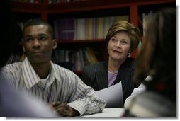 Laura Bush sits in on a Skills Mastery and Resistance Training (SMART Moves) discussion group for teens at the Germantown Boys and Girls Club Tuesday, Feb. 3, 2005 in Philadelphia, The program helps teens learn to develop decision-making skills to deal with drug and alcohol abuse and premature sexual activity.  White House photo by Susan Sterner