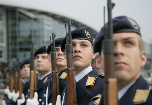 An honor review stands at attention Tuesday, June 6, 2007, upon the arrival of President George W. Bush and Mrs. Laura Bush to Rostock-Laage Airport in Rostock, Germany. White House photo by Eric Draper