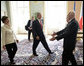 President George W. Bush and Mrs. Laura Bush are welcomed by President Vaclav Klaus and his wife Livia Klausova to Prague Castle Tuesday, June 5, 2007. White House photo by Eric Draper