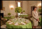 Mrs. Laura Bush discusses the motifs and entertainment for the official dinner honoring His Excellency Junichiro Koizumi, Prime Minister of Japan, in the State Dining Room during a media preview Thursday, June 29, 2006. "I think it's going to be a very fun evening," said Mrs. Bush. "Our orchestra is the Brian Setzer Orchestra. He'll play a lot of both the President's and Prime Minister Koizumi's favorites, and he's especially known for his guitar. So I think that will be terrific." White House photo by Shealah Craighead