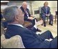 Secretary Colin Powell briefs President George W. Bush and Vice President Dick Cheney in the Oval Office, Thursday, Sept 19, on the progress of working with the United Nations, to convince the United Nations Security Council to deal with a threat to world peace. White House photo by Eric Draper.