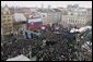 President George W. Bush and Slovakia’s Prime Minister Mikulas Dzurinda are greeted by a crowd of thousands gathered in Bratislava's Hviezdoslavovo Square, February 24, 2005. White House photo by Paul Morse