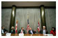 President George W. Bush meets with labor leaders to discuss America's energy policy at the International Brotherhood of Teamsters headquarters in Washington, D.C., Jan. 17, 2001. From left to right, sitting with the President are Secretary of Energy Spencer Abraham, Secretary of the Interior Gale Norton, President of the Teamsters union James P. Hoffa, President of the United Brotherhood of Carpenters Doug McCarron and Secretary of Labor Elaine Chao. "Together we can show the country that when we work together, we can do what's right, do what's right for the working folks," said the President in his remarks. White House photo by Eric Draper.