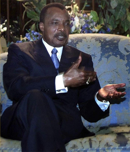 Republic of Congos President Denis Sassou-Nguesso speaks during an interview at his official residence in Brazzaville, capital of the Republic of Congo, Thursday, March 7, 2002. [AP Photo]