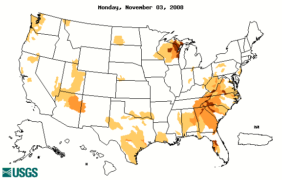 Map of below normal 7-day average streamflow compared to historical streamflow for the day of the year