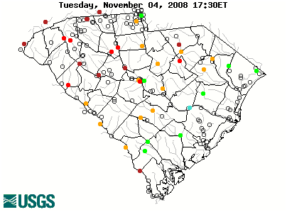 Current streamflow conditions in South Carolina; click to go to a live map.