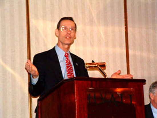 Vice Admiral Conrad Lautenbacher, Undersecretary of Commerce briefed the press on opening day of the White Water to Blue Water Press Conference. [DoC phot]