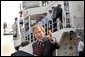 President George W. Bush addresses Coast Guard members and Port Authority police officers at Port Elizabeth in New Jersey after touring the facilities Monday, June 24.  