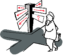 cartoon of a man standing at a four-way intersection with six arrows pointing in different directions