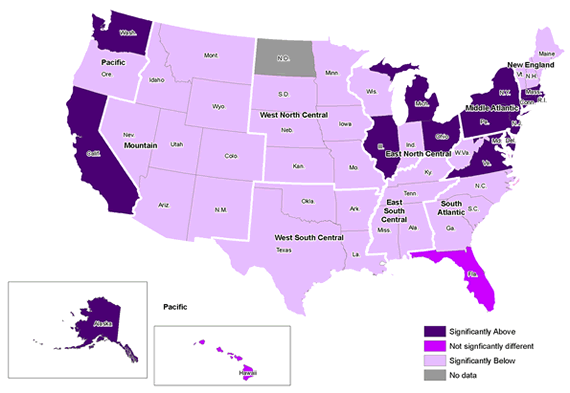 Mean annual wages for middle school teachers by state compared to the United States average, May 2007