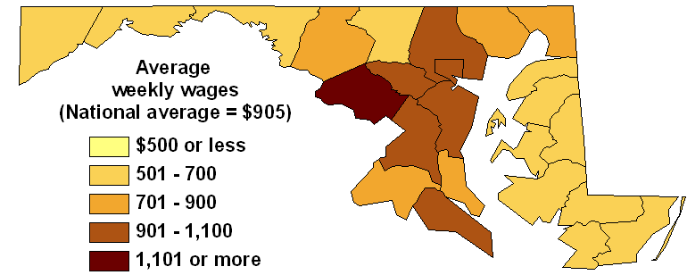 Map of Average Weekly Wages in Maryland