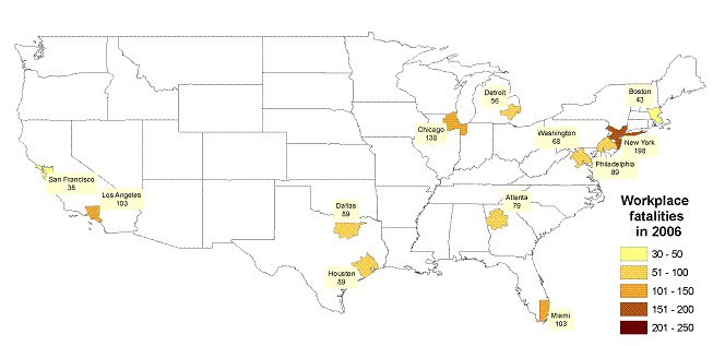 Chart 1. Total workplace fatalities in the 12 largest metropolitan areas in the United States, 2006.