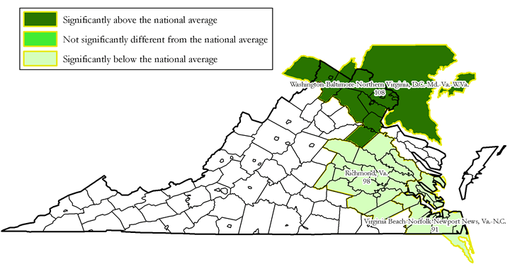 Chart 1.Â Pay relatives for all occupations in metropolitan areas in Virginia, area-to-nation comparisons, National Compensation Survey, July 2007