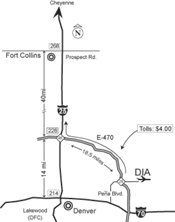 Small map showing the driving directions from Denver International Airport to the I-25 Fort Collins exits.