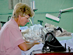 A worker at the Kashtan facility assembling clothes in Kyiv, Ukraine.