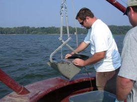 Sediment collection using a Van Veen sampler. Courtesy of PADEP.