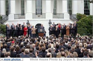 President George W. Bush speaks to employees of the Executive Office of the President Thursday, Nov. 6, 2008, about the upcoming transition. In thanking the staff, the President said, "The people on this lawn represent diverse backgrounds, talents, and experiences. Yet we all share a steadfast devotion to the United States. We believe that service to our fellow citizens is a noble calling -- and the privilege of a lifetime."  White House photo by Joyce N. Boghosian