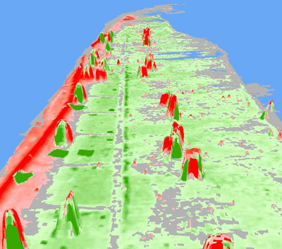 Three-dimensional view of lidar-based topography measured in June 2007 on Dauphin Island