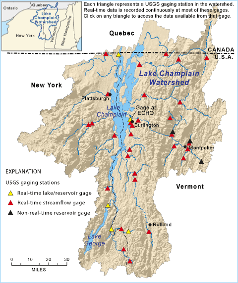 Clickable image map of USGS Gages in the Lake Champlain Basin