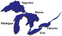 Map of the North American Great Lakes - Superior, Michigan, Huron, Erie and Ontario