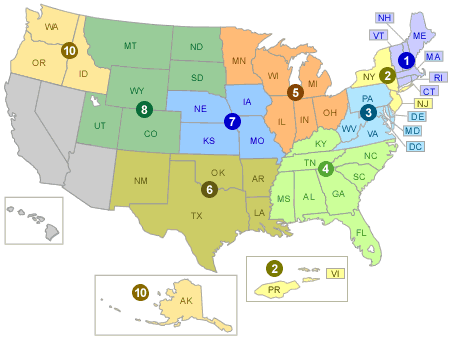 Map of the United States and EPA Regions.