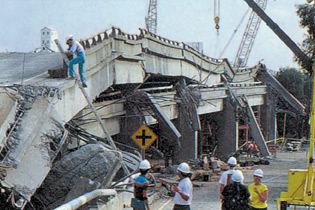 photograph showing collapsed Cypress freeway structure in Oakland, California