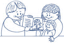 Childlike drawing of a father and mother looking at a book with a child that has a picture of a firefighter in it.