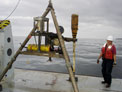 Joanne Ferreira is pleased to see the tripod she deployed on the Palos Verdes shelf 5 months earlier.