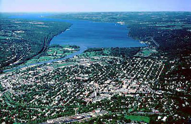 Aerial photo overlooking the City of Ithaca and Cayuga Lake