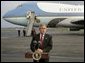 President George W. Bush delivers a statement to the media in front of Air Force One at Toledo, Ohio Express Airport, Friday, Oct. 29, 2004.  White House photo by Eric Draper