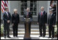 President George W. Bush delivers a statement on CAFE and alternative fuel standards Monday, May 14, 2007, in the Rose Garden. Pictured with President Bush are, from left: Energy Deputy Secretary Clay Sell, Transportation Secretary Mary Peters, EPA Administrator Stephen Johnson and Agricultural Secretary Mike Johanns. “Our dependence on oil creates a threat to America's national security, because it leaves us more vulnerable to hostile regimes, and to terrorists who could attack oil infrastructure,” said President Bush. White House photo by Joyce N. Boghosian