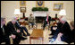 President George W. Bush and Mrs. Laura Bush meet with bicameral and bipartisan members of Congress, Senator Edward M. Kennedy of Massachusetts, left; Senator Mike Enzi of Wyoming, left-center; Congressman Buck McKeon of California, right-front; Congressman George Miller of California, right-center, and U.S. Secretary of Education Margaret Spellings, right, in the Oval Office, Monday, Jan. 8, 2007, marking the fifth anniversary of No Child Left Behind.  White House photo by Paul Morse