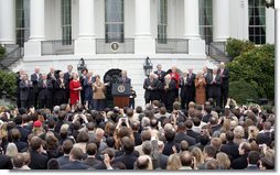 President George W. Bush speaks to employees of the Executive Office of the President Thursday, Nov. 6, 2008, about the upcoming transition. In thanking the staff, the President said, "The people on this lawn represent diverse backgrounds, talents, and experiences. Yet we all share a steadfast devotion to the United States. We believe that service to our fellow citizens is a noble calling -- and the privilege of a lifetime."  White House photo by Joyce N. Boghosian