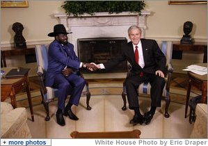 President George W. Bush shakes hands with the First Vice President of the Government of National Unity of Sudan and President of the Government of Southern Sudan Salva Kiir Mayardit during his visit Monday, Jan. 5, 2009, to the Oval Office of the White House.  White House photo by Eric Draper