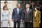 President George W. Bush, Mrs. Laura Bush, Hungarian President Laszlo Solyom and Mrs. Erzsebet Solyom participate in an official arrival ceremony at Sandor Palace in Budapest, Hungary, June 22, 2006. White House photo by Paul Morse