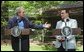 President George W. Bush speaks during a press conference with Egyptian President Hosni Mubarak after their meeting at Camp David, Saturday, June 8. President Bush said "We spent time talking about the Middle East and we share a common vision of two states living side by side in peace. And I appreciated so very much listening to his ideas as to how to achieve that objective."  