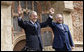 President George W. Bush and Prime Minister Ivo Sanader of Croatia, raise hands together before thousands who flocked to St. Mark's Square in downtown Zagreb Saturday, April 5, 2008, to see and hear the U.S. President.  White House photo by Eric Draper