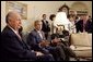 President George W. Bush and President Ricardo Lagos of Chile meet in the Oval Office Monday, July 19, 2004. "One of the things that has worked well is the free trade agreement with Chile, and we talked about that today," said President Bush.  White House photo by Paul Morse