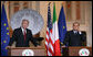 President George W. Bush and Italian Prime Minister Silvio Berlusconi listen to a reporter's question during their joint press availability Thursday, June 12, 2008, at the Villa Madama in Rome. White House photo by Chris Greenberg