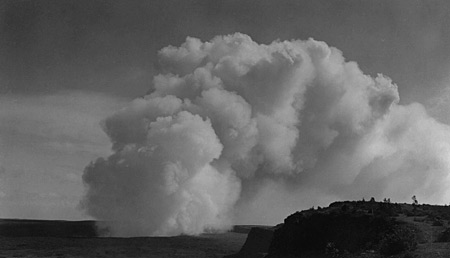  This plume, erupting from Halema`uma`u in 1934, is remarkably similar in appearance to the plume erupting from the crater today. USGS photograph.