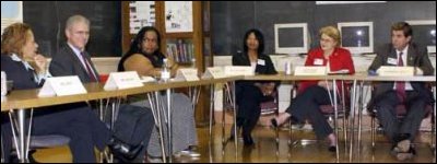 Secretary Spellings and Governor Bob Riley listen to faculty and parents during a roundtable discussion at Ramsay High School in Birmingham, Alabama.