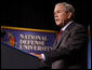 President George W. Bush delivers remarks Tuesday, Sept. 9, 2008, to the National Defense University's Distinguished Lecture Program. Said the President, "On this campus you're helping train the next generation of military and civilian leaders who will defend our nation against the real and true threats of the 21st century. I thank you for your patriotism; I thank you for your hard work; and I thank you for your devotion to protecting the American people."  White House photo by Eric Draper