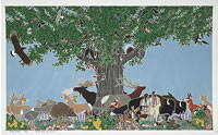 Pairs of birds, animals and 

                insects grouped in and around a tree