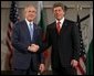 President George W. Bush and President Georgi Parvanov shake hands at the conclusion of their joint press availability Monday, June 11, 2007, in Sofia, Bulgaria. White House photo by Chris Greenberg