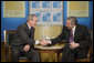 President George W. Bush and President Nestor Carlos Kirchner of Argentina shake hands after their meeting Friday morning, Nov. 4, 2005, at the Hermitage Hotel in Mar del Plata, Argentina. White House photo by Eric Draper