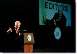 Vice President Dick Cheney discusses the war in Iraq during his address to the American Society of Newspaper Editors in New Orleans, Wednesday, April 9, 2003. "By their skill and courage, the American armed forces joined by the finest of allies are making this nation and the world more secure," Vice President Cheney said. "They are bringing freedom where there is tyranny, relief where there is suffering. As a former Secretary of Defense, I've never been more proud of those who wear the uniform of the United States military."  White House photo by David Bohrer