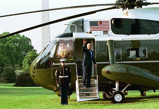 President George W. Bush waves from Marine One as he departs the White House Friday, May 7, 2004. White House photo by Paul Morse.