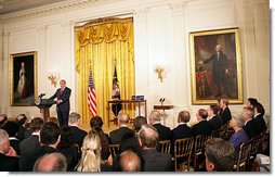 President George W. Bush speaks during a ceremony honoring recipients of the 2005 and 2006 National Medals of Science and Technology Friday, July 27, 2007, in the East Room. "Their discoveries have led to hopeful treatments for HIV/AIDS, new vaccines to prevent childhood illnesses, safer drinking water around the world," said the President. "Innovations are responsible for the CD players in our homes, the guardrails on our highways, the stealth fighters in our Air Force. Their breakthroughs have helped make it possible for burn victims to heal with fewer scars, and older people to hear more clearly, businesses to e-mail documents around the world, and doctors to administer medicine without needles." White House photo by Eric Draper