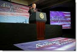 President George W. Bush gives remarks on the economy in Des Moines, Iowa, Thursday, April 15, 2004.  White House photo by Paul Morse